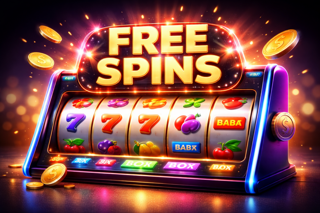 Modern slot makinesi ekranında “Free Spins” yazısı ve dönen makaralar, Pinco döndürmeleri rehberi ve bedava spin bonuslarını temsil eden görsel.